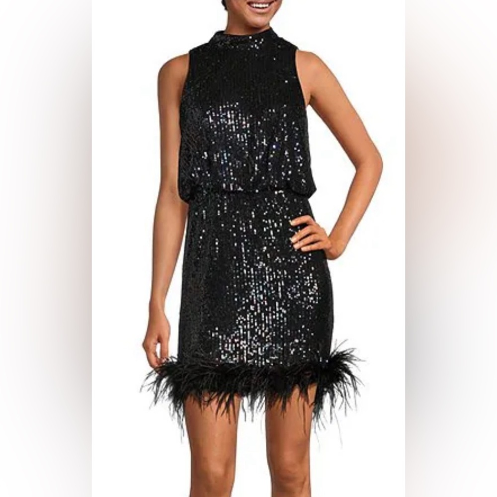 Eliza J Sequined Feather Hem Mini Dress